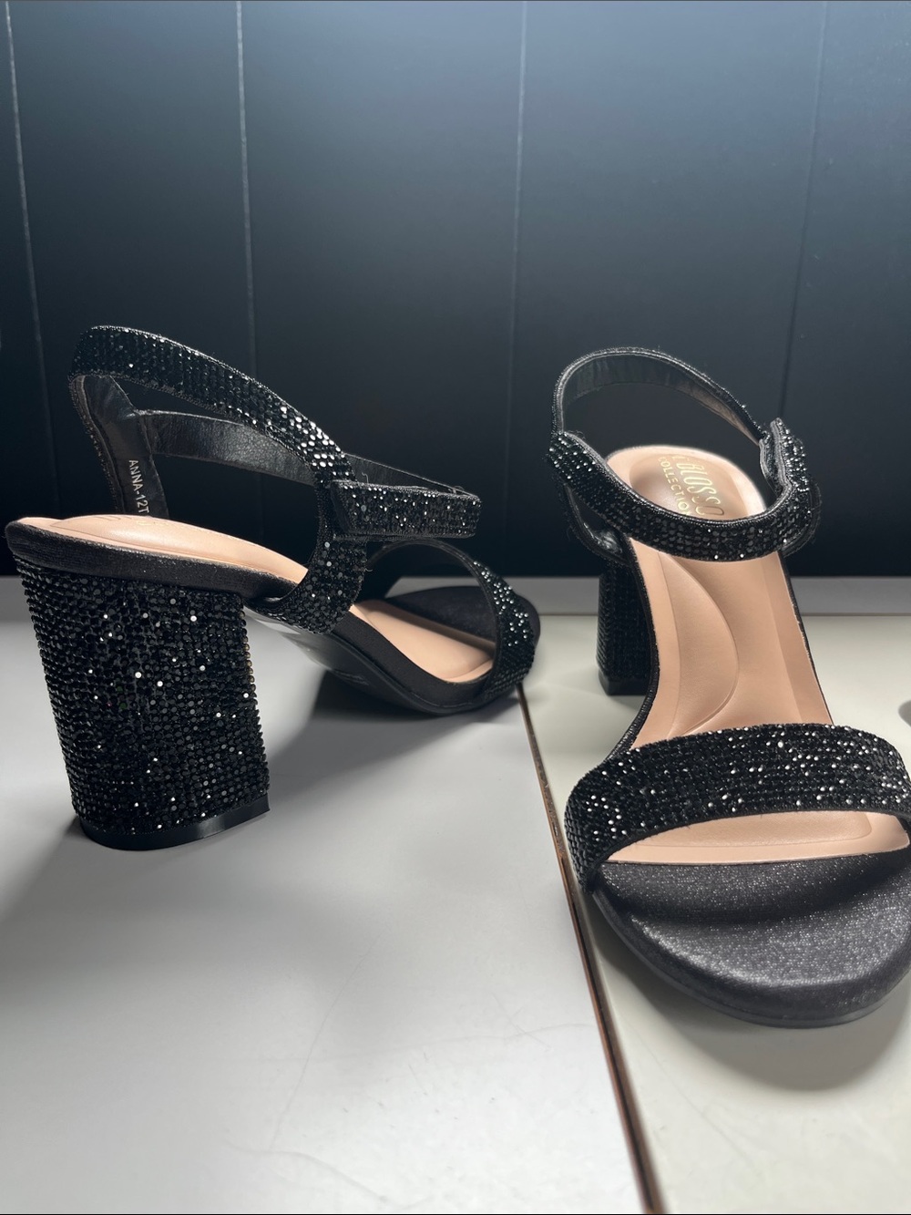 De Blossom Collection Black Crystal Block Heel Sandals